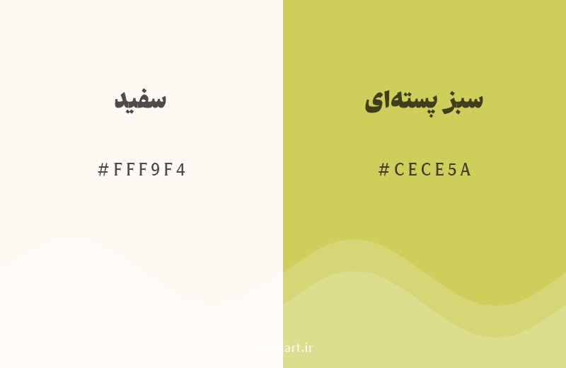 رنگ همسایه سفید با کد هگزادسیمال FFF9F4، رنگ سبز پستهای با کد CECE5A
