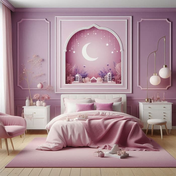 عکس اتاق خواب با رنگ صورتی کمرنگ تولید شده با هوش مصنوعی