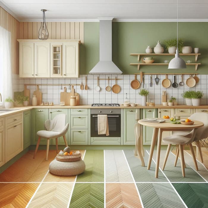 دکوراسیون آشپزخانه با تم رنگی سبز لجنی و هلویی
