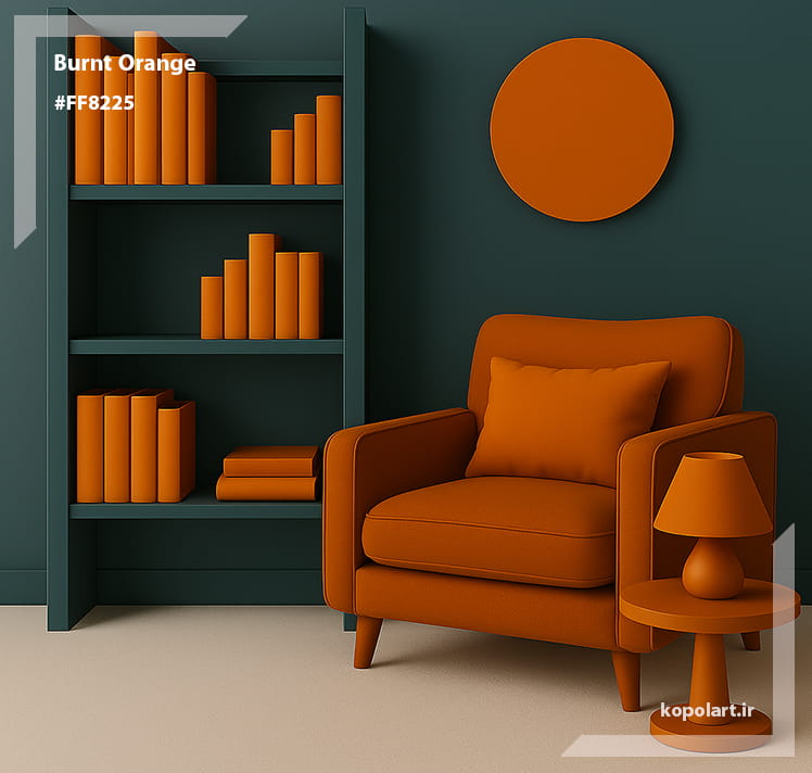 دکوراسیون اتاق فرضی با تم رنگ نارنجی سوخته و سبز لجنی تیره