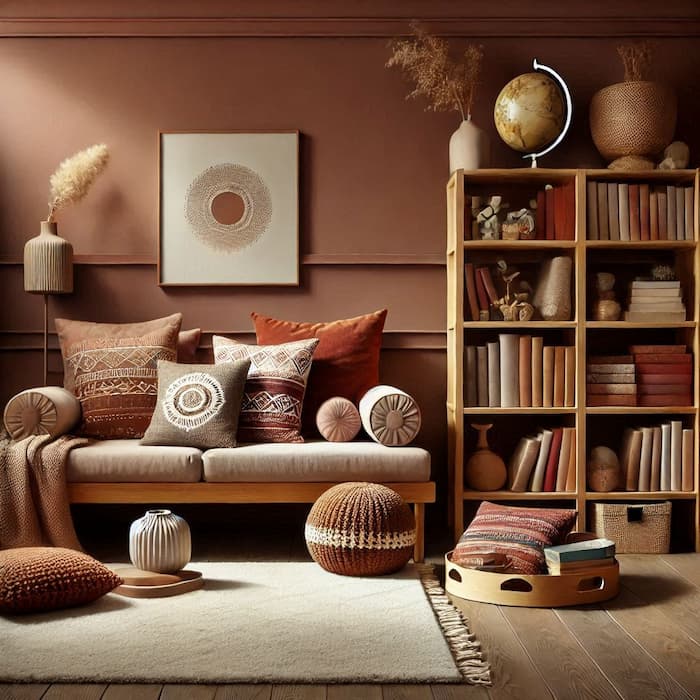 عکس خیالی اتاق خواب با تم رنگی قرمز یاقوتی، تولید شده با هوش مصنوعی Bing