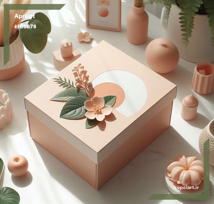 جعبه کادو زیبا با تم رنگ هلویی مخملی و تزیین شده با برگ‌هایی با رنگ سبز خردلی
