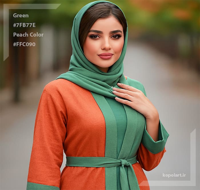 ست شیک مانتو با رنگ هلویی و سبز