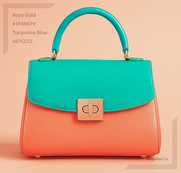 کیف دستی زنانه با تم رنگ رزگلد و آبی فیروزهای روشن