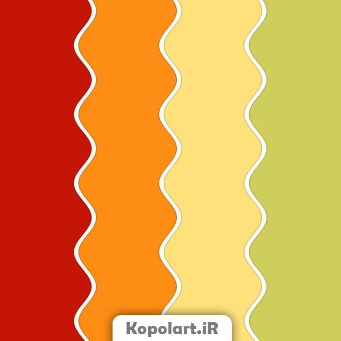پالت رنگ قرمز وینستونی، نارنجی، زرد کم رنگ و سبز پسته ای، به همراه روانشناسی رنگ و کد