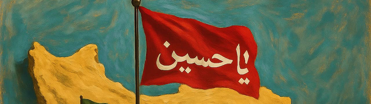 طرح گرافیکی مذهبی پرچم سرخ امام حسین در حال احتزاز در بلندای ایران اسلامی