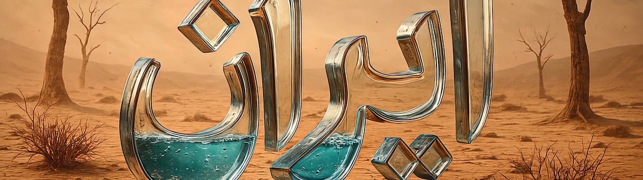 آرت ورک تایپوگرافی IRAN با حروف شیشه‌ای خالی از آب در پس‌زمینه‌ای خشک، نماد بحران آب و خشکسالی ایران