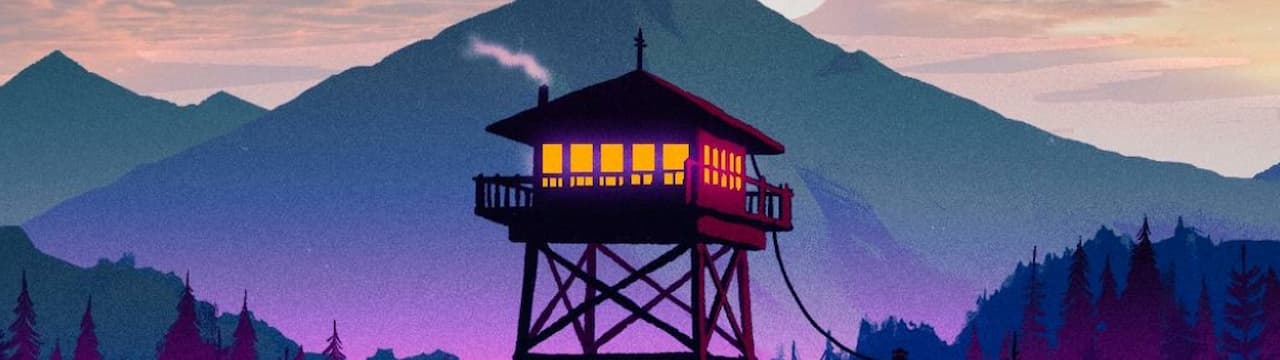 والپیپر برج دیده‌بانی چوبی با چراغ روشن در میان جنگل کاج، با پس‌زمینه کوه‌های بلند، ماه و تم بنفش