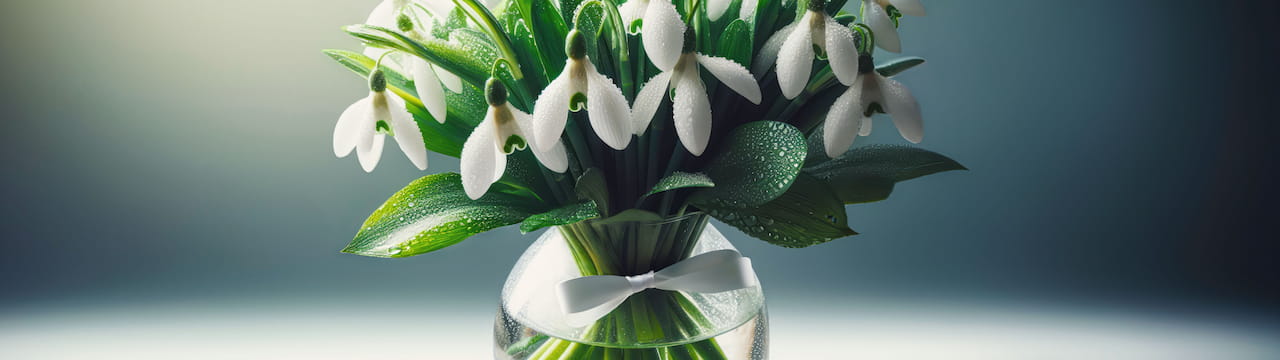 والپیپر زیبای دسته گل سفید در گلدان شیشه‌ای با قطره‌های آب با کیفیت 16K مناسب برای موبایل و کامپیوتر