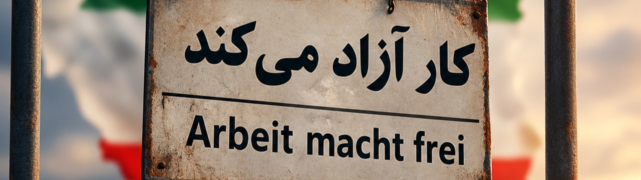 طرح گرافیکی سیاسی، ایران؛ بزرگ‌ترین اردوگاه مرگ جهان | کار آزاد می‌کند!