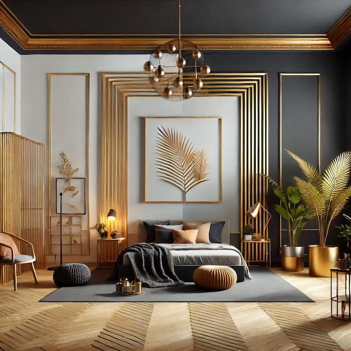 عکس اتاق خواب خیالی با تم رنگی مشکی و طلایی، تولید شده با هوش مصنوعی bing