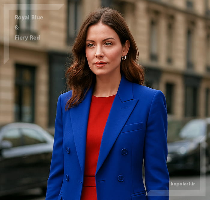 ست لباس مدرن و رسمی خانم با تم رنگ قرمز آتشین و آبی رویال
