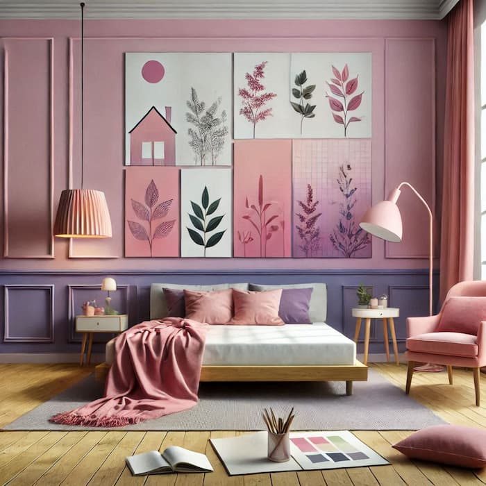 عکس اتاق خواب مینیمال با رنگ صورتی پاستیلی و یاسی تولید شده با هوش مصنوعی