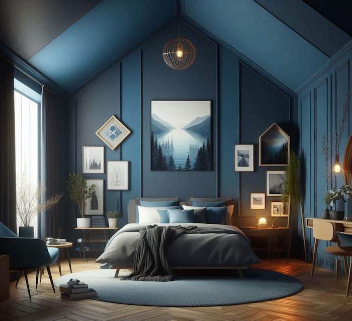 اتاق خواب خیالی با تم رنگی آبی سیر