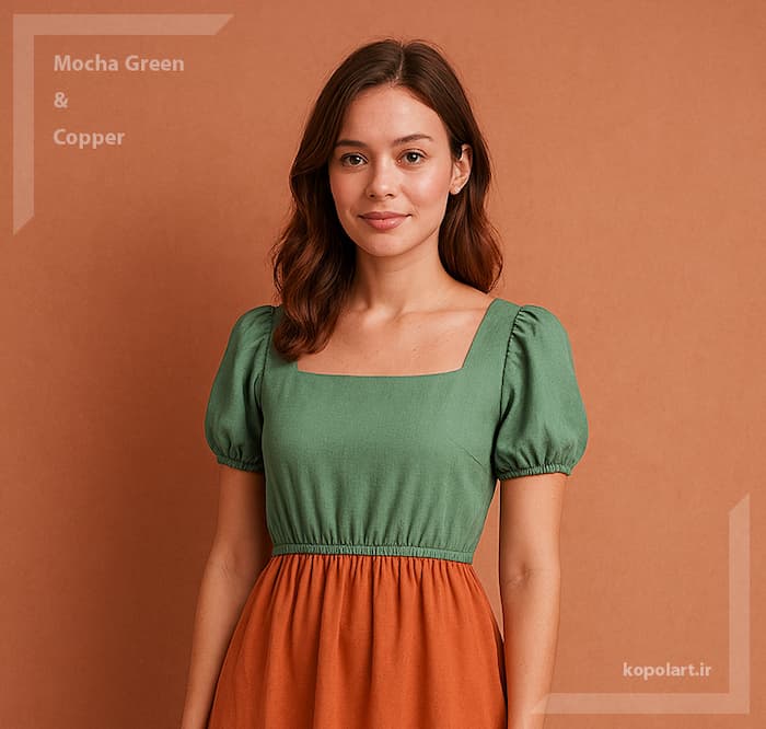 ست پیراهن و دامن با رنگ‌های سبز ماچا و نارنجی مسی