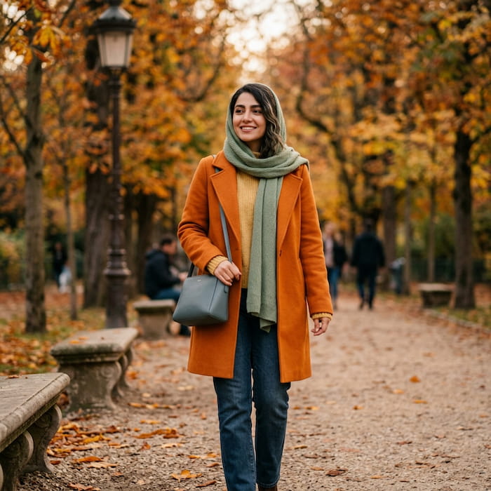 استایل پاییزی شیک با ترکیب رنگ نارنجی کدو حلوایی، خردلی ملایم، سبز مریم گلی و آبی دلفینی