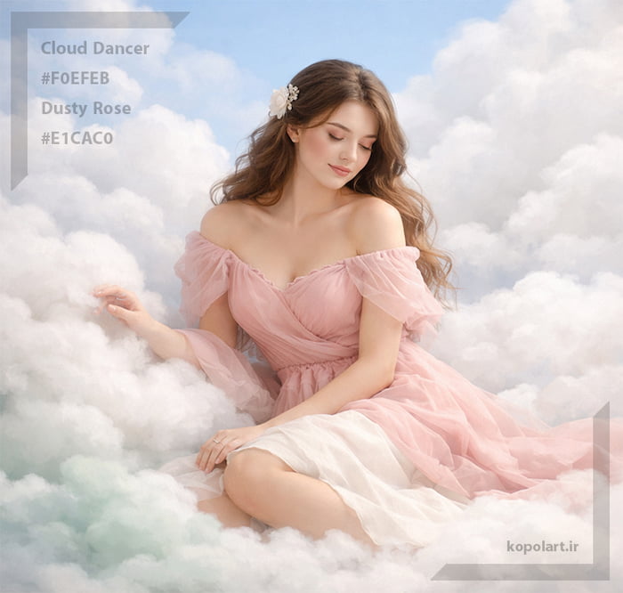 زن روی ابرها با رنگهای پاستیلی سفید ابری ملایم (Cloud Dancer) رنگ سال 1405 و صورتی کدر