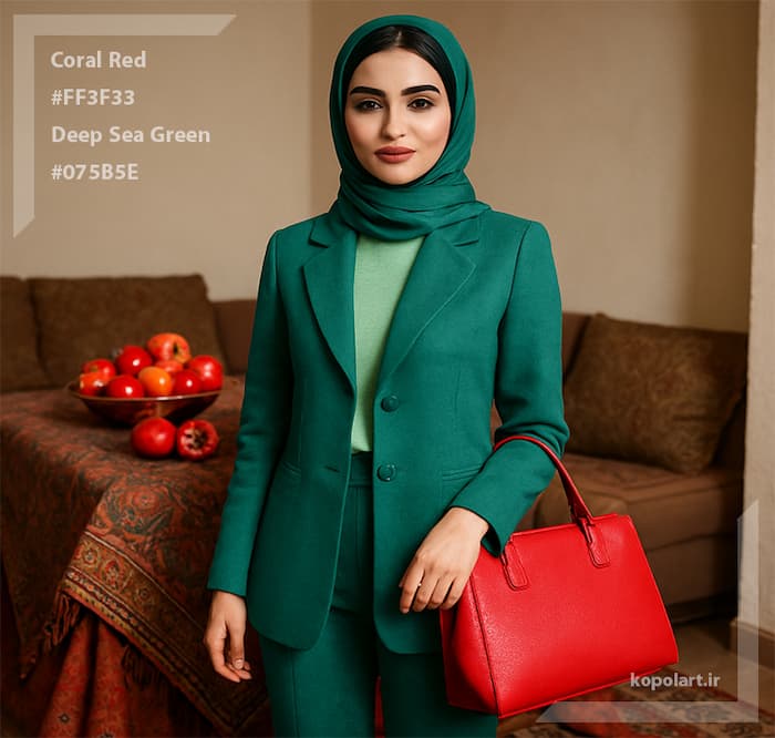 پرتره بانوی ایرانی با ست مانتو، شلوار و کیف با تم سبز دریایی تیره و قرمز مرجانی در کنار کرسی، تم شب یلدا