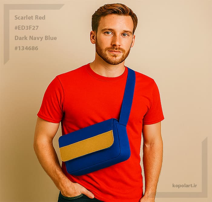 استایل مردانه با رنگ‌های قرمز اسکارلت، طلایی و آبی دریایی تیره
