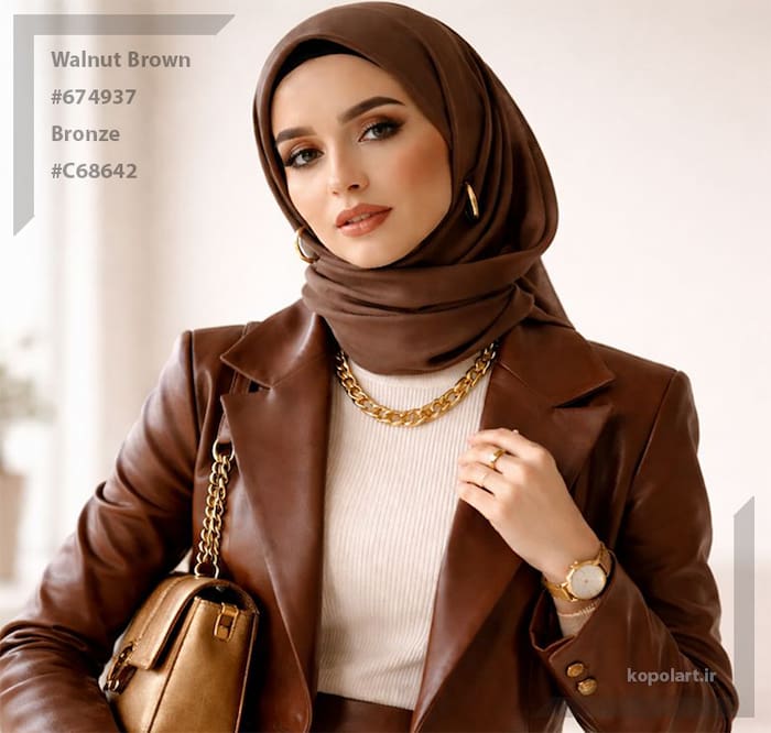 خانم ایرانی با ست لباس چرمی با تم رنگ قهوه‌ای گردویی و برنزی