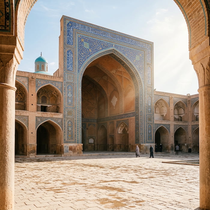 معماری اصیل مسجد کهن ایرانی و کاشیکاری با ترکیب رنگهای آبی ایرانی، نارنجی، آبی پودری و کرم هلویی