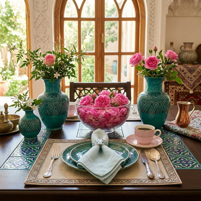 چیدمان سفره و دکوراسیون ایرانی با رنگهای سبزآبی ایرانی، آبی پودری، صورتی پاستلی و گل رز ایرانی