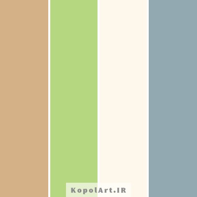 پالت رنگ سبز لیمویی روشن، شتری، آبی دودی و سفید عاجی روشن