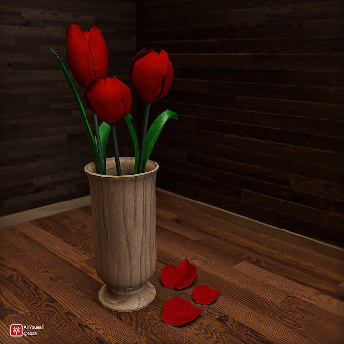 رندر سه بعدی ادوبی گل و گلدان در ادوبی دایمنشن