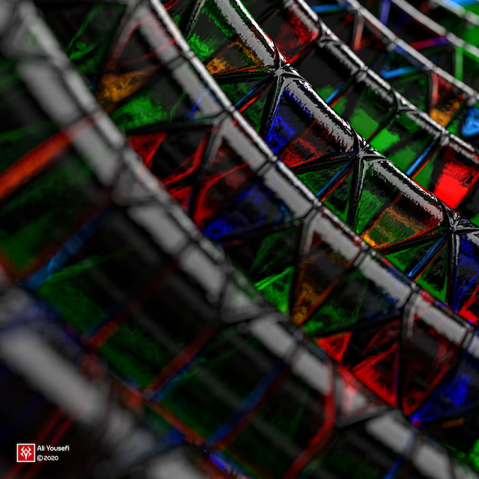 طرح مفهومی خلاقانه سه‌بعدی رنگارنگ در ادوبی دیمنشن با متریال شیشه‌های مشبک رنگارنگ