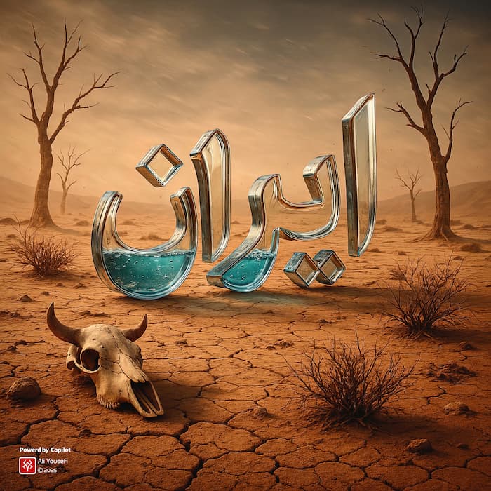 آرت ورک تایپوگرافی IRAN با حروف شیشه‌ای خالی از آب در پس‌زمینه‌ای خشک، نماد بحران آب و خشکسالی ایران