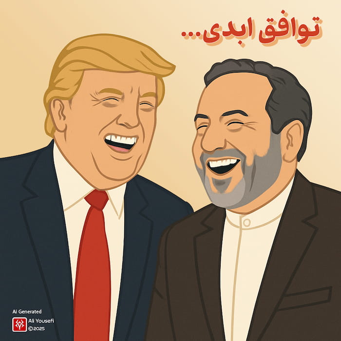 طرح گرافیکی طنز سیاسی شوخی با توافق ایران و آمریکا، عکس دونالد ترامپ و عباس عراقچی