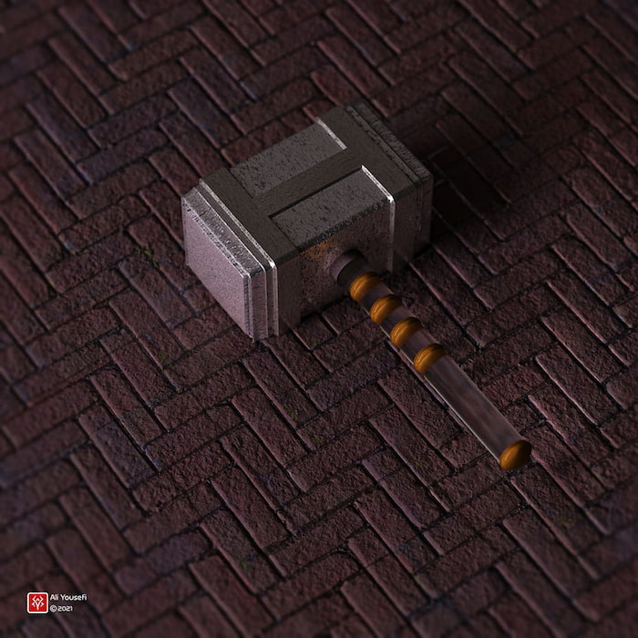 رندر خلاقانه رئال یک چکش فرضی با چاشنی تناقض در نرم‌افزار ادوبی فتوشاپ