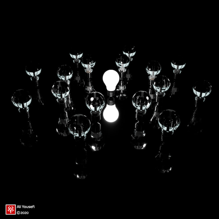 طراحی خلاقانه سه‌بعدی لامپ روشن در تاریکی با مفهوم امیدواری در ادوبی دیمنشن