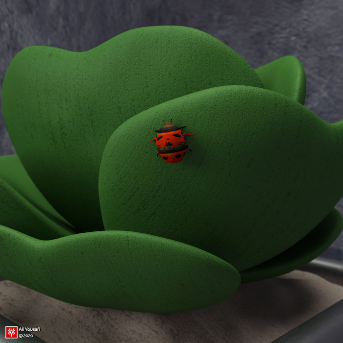 طرح گرافیکی خلاقانه رندر سه‌بعدی کفشدوزک بر روی کاکتوس