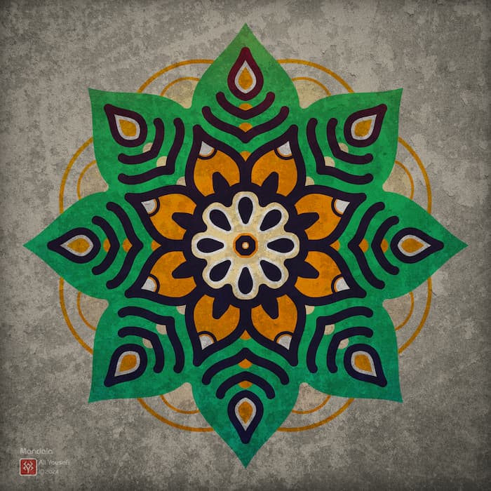 آرت‌ورک زیبای ماندالا رنگامیزی شده سبز و نارنجی به همراه تکسچر خاص | طراحی شده در ایلوستریتور