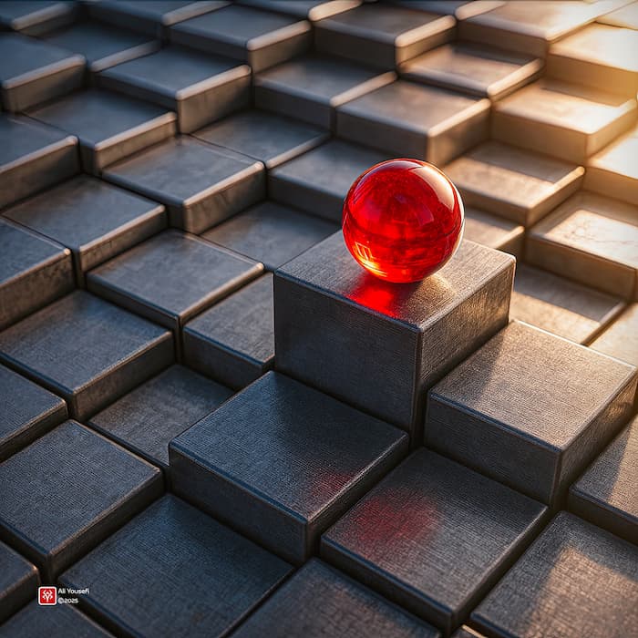 رندر سه‌بعدی خلاقانه گوی (کره) درخشان قرمز شیشه‌ای در نور آفتاب بر روی مکعب‌های فلزی