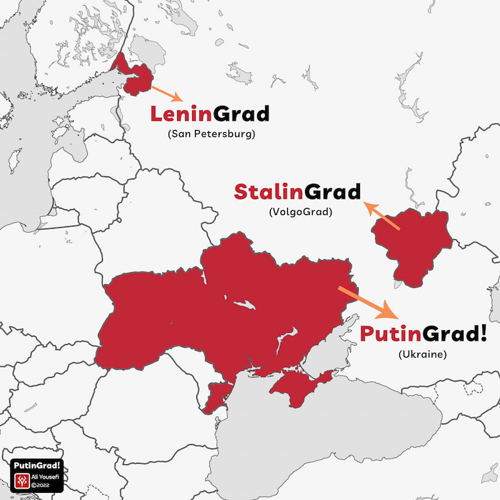 طرح گرافیکی مفهومی طنز سیاسی؛ استان‌های استالینگراد، لنینگراد و پوتینگراد!