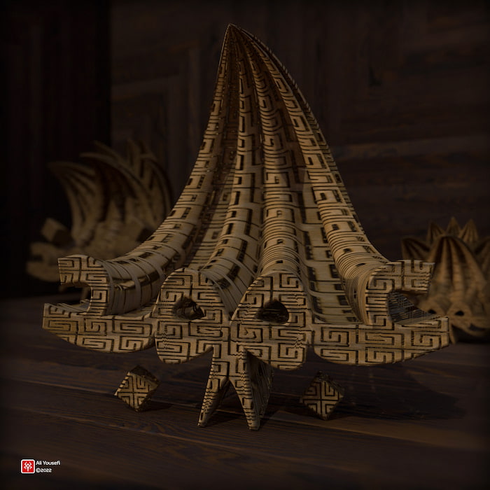 تایپوگرافی سه بعدی فارسی کلمه غم، رندر شده در ادوبی دیمنشن