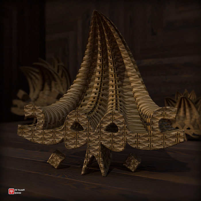 تایپوگرافی سه بعدی فارسی کلمه غم، رندر شده در ادوبی دیمنشن