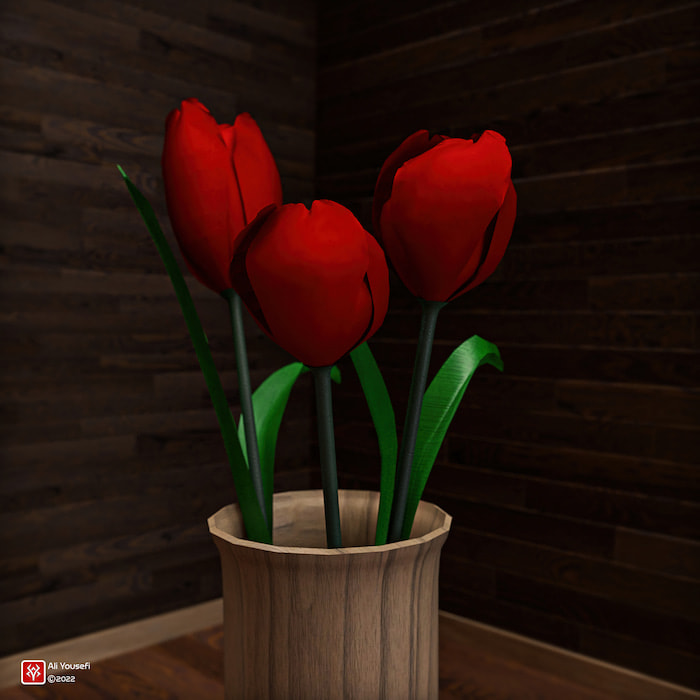 رندر سه بعدی ادوبی گل و گلدان در ادوبی دایمنشن
