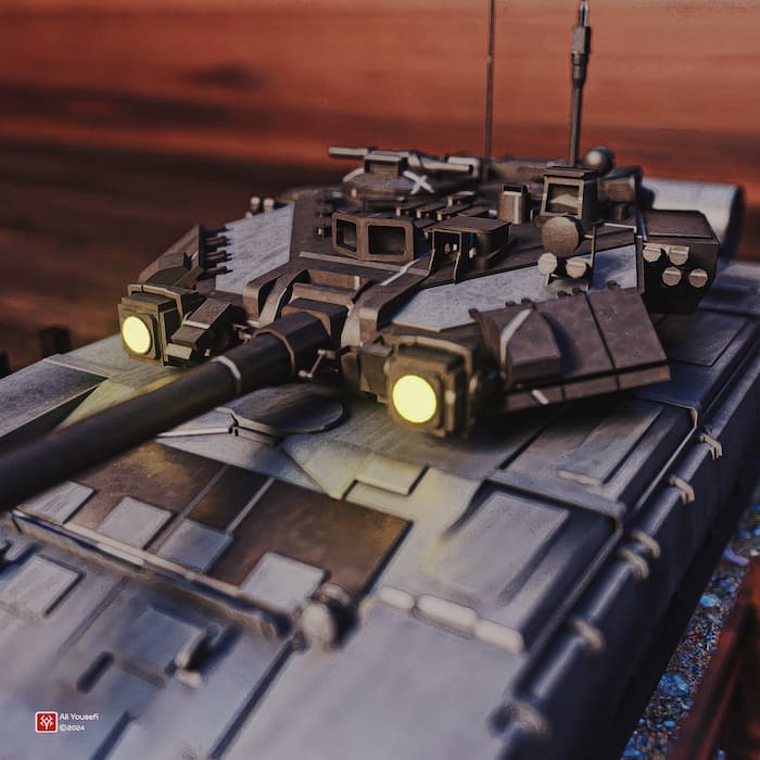 طرح گرافیکی خلاقانه سهبعدی تانک جنگی روی گوشی موبایل | رندر نرم افزار ادوبی دیمنشن