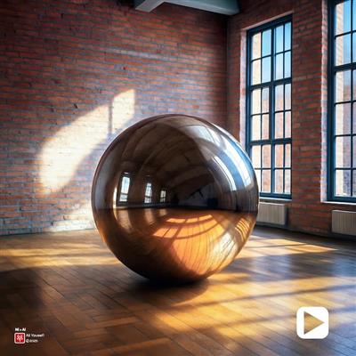 طرح رندر سه بعدی گوی درخشان در نور آفتاب در اتاق با دیوارهای آجری