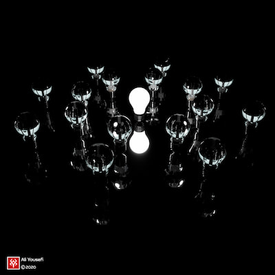 طراحی خلاقانه سه‌بعدی لامپ روشن در تاریکی با مفهوم امیدواری در ادوبی دیمنشن