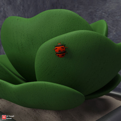 طرح گرافیکی خلاقانه رندر سه‌بعدی کفشدوزک بر روی کاکتوس