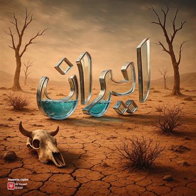 آرت ورک تایپوگرافی IRAN با حروف شیشه‌ای خالی از آب در پس‌زمینه‌ای خشک، نماد بحران آب و خشکسالی ایران