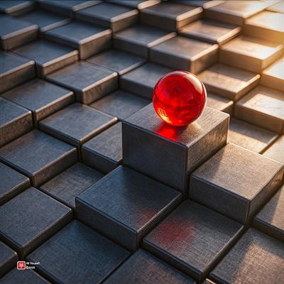 رندر سه‌بعدی خلاقانه گوی (کره) درخشان قرمز شیشه‌ای در نور آفتاب بر روی مکعب‌های فلزی
