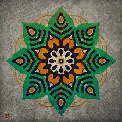 آرت‌ورک زیبای ماندالا رنگامیزی شده سبز و نارنجی به همراه تکسچر خاص | طراحی شده در ایلوستریتور