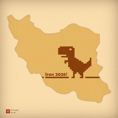 طرح گرافیکی مینیمال از محدودیت‌های دسترسی به اینترنت در ایران در 2026 با  نماد دایناسور قطعی اینترنت