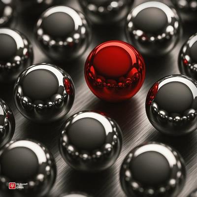 چند کره نقره‌ای سه‌بعدی و یک کره قرمز درخشان در مرکز تصویر، نماد خلاقانه تمایز بصری و جلب نگاه