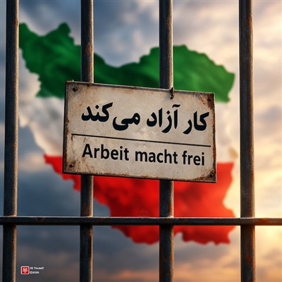 طرح گرافیکی سیاسی، ایران؛ بزرگ‌ترین اردوگاه مرگ جهان | کار آزاد می‌کند!